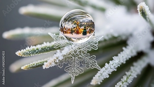 Fototapeta Macro View of a Snowflake with a Water Droplet Reflecting a Christmas Village