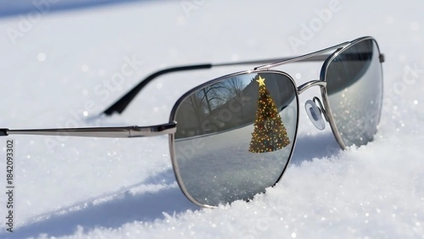 Fototapeta Reflection of a Decorated Christmas Tree in Sunglasses Lying in the Snow