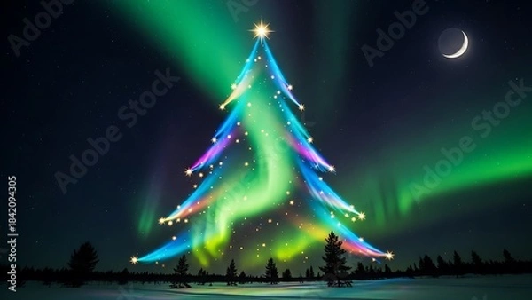 Fototapeta Abstract Christmas Tree Formed by Colorful Aurora Borealis with Crescent Moon