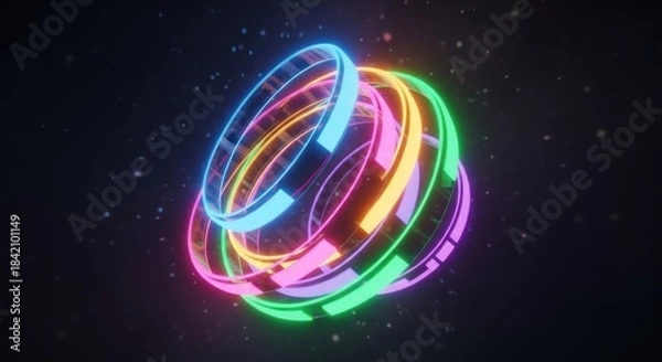 Obraz Abstract glowing neon rings in a dark digital space