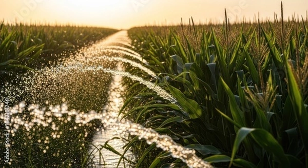 Obraz Corn field being watered at sunset.