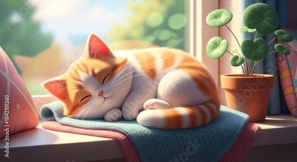 Obraz Adorable cat sleeping peacefully on a windowsill