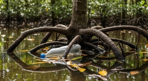 Obraz Plastic bottle polluting mangrove roots in murky water