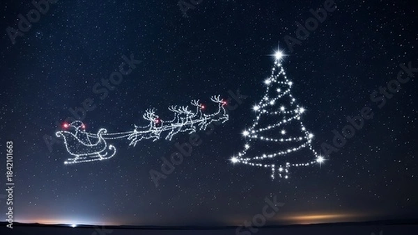 Fototapeta Drone light show creating Santa's sleigh and reindeer alongside a Christmas tree against a starry night sky.