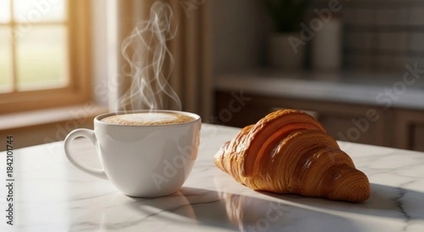 Obraz Steaming coffee with fresh croissant on marble table by window