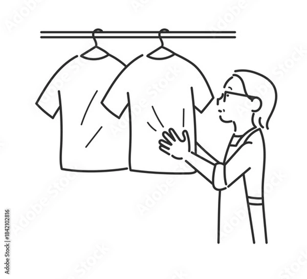 Fototapeta 洗濯物を干す40代女性のイラスト　線画のみ