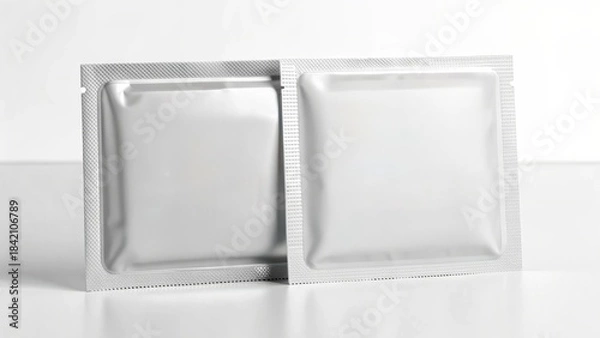 Fototapeta 3D Packaging Mockups Two sealed condom packets on a clean surface, emphasizing safe practices.