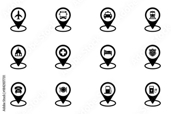 Obraz Public facility map pin location pointer set on white background. Symbol of station, restaurant, hospital, hotel, airport, public facilities. Set vector line icons of public facility