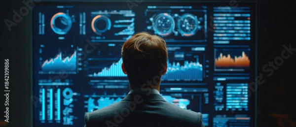 Obraz A focused individual observing various data visualizations on a large screen, showcasing graphs and metrics