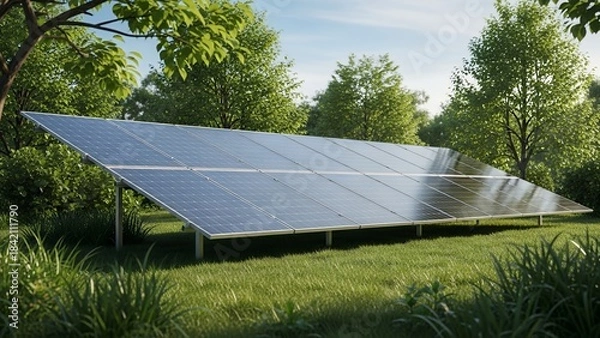 Obraz Ground mounted solar panel array shines brightly in a lush green field surrounded by vibrant summer trees under blue sky