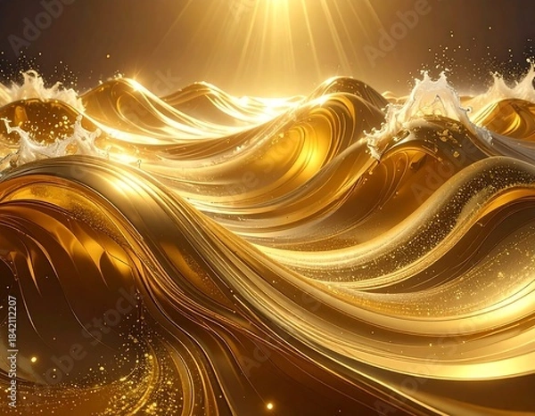 Obraz Golden waves with luminous light rays breaking over crests