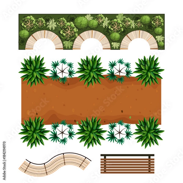 Fototapeta Garden design elements including plants, arches, pathway, and bench on for landscaping