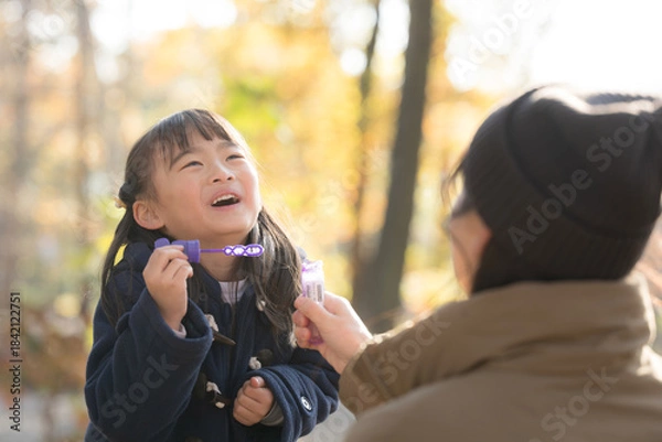 Obraz シャボン玉を秋の公園で遊ぶ親子　若いお母さんとかわいい娘　子育てや育児の幸せイメージ