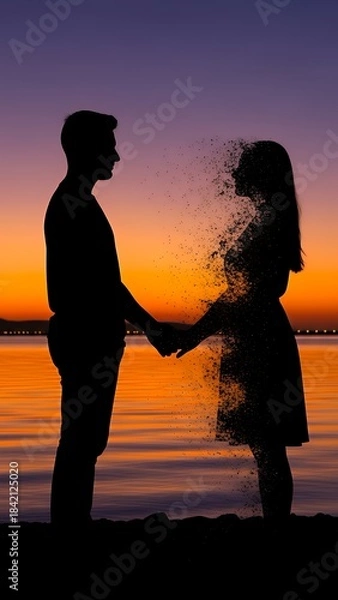 Fototapeta Silhouetted couple holding hands at serene sunset over water with one person dissolving into particles