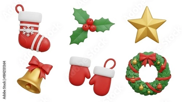 Fototapeta A festive collection of 3d christmas decoration icons including stocking, wreath, and bell