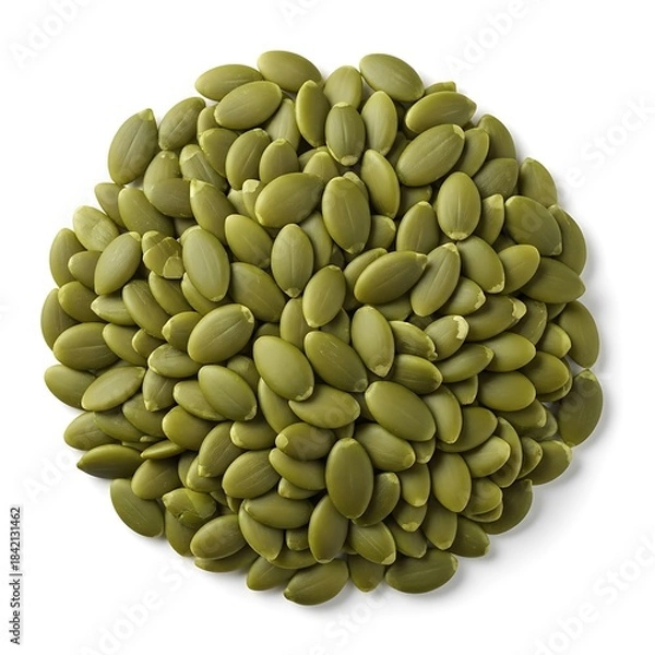 Fototapeta A close-up high angle shot of vibrant green shelled pumpkin seeds on a white surface