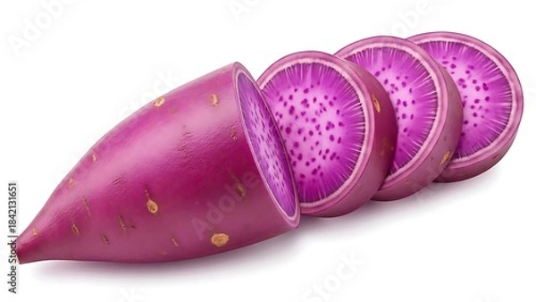 Fototapeta Vibrant purple sweet potato cut into circular slices against a clean white background