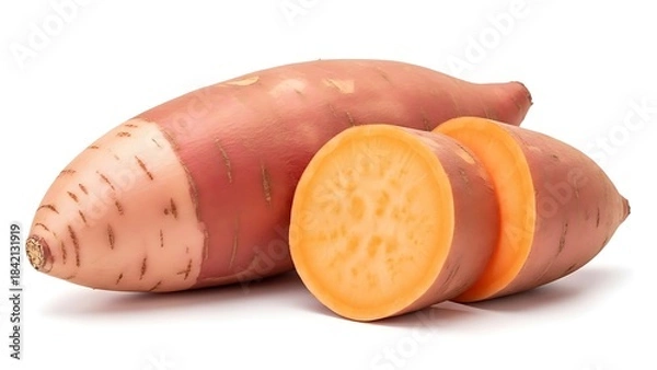 Fototapeta A whole sweet potato and sliced pieces isolated against a white background