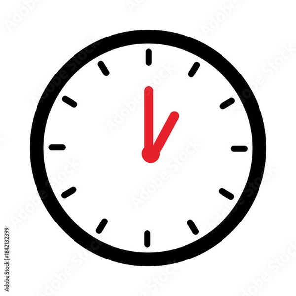 Obraz One o'clock icon set on transparent background. Analog watch black and red line icon. Flat symbol of hour, clock, hour, time, am, pm. Analog o'clock illustration