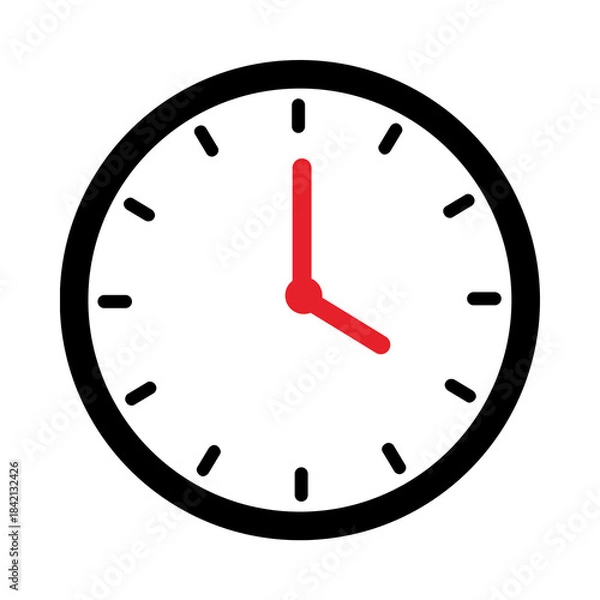 Obraz Four o'clock icon set on transparent background. Analog watch black and red line icon. Flat symbol of hour, clock, hour, time, am, pm. Analog o'clock illustration