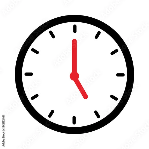 Obraz Five o'clock icon set on transparent background. Analog watch black and red line icon. Flat symbol of hour, clock, hour, time, am, pm. Analog o'clock illustration
