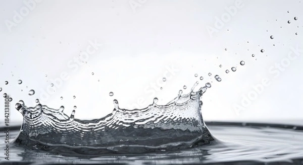 Fototapeta Dynamic splash of water forming a crown shape with droplets scattering against a light, bright background