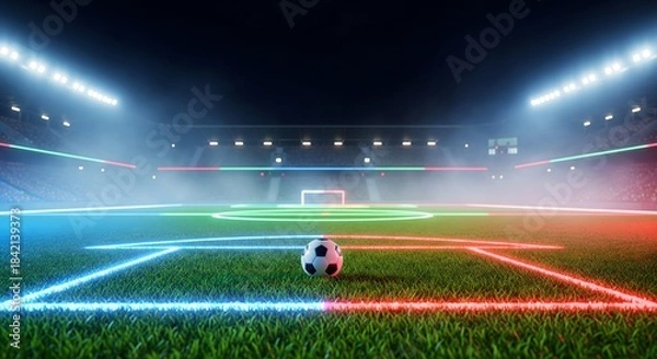 Fototapeta Soccer ball on a neonlit football field in a stadium at night with bright floodlights creating a dramatic atmosphere