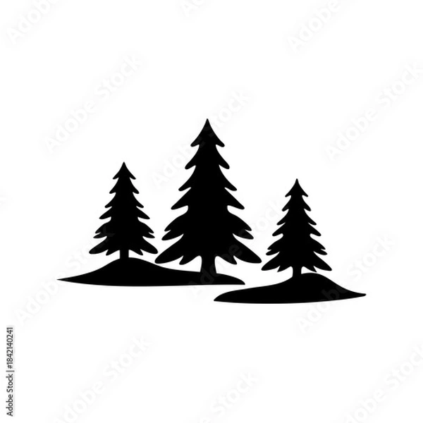 Fototapeta Three minimalist black silhouette pine trees stand majestically against a pure white background