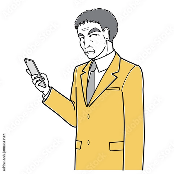 Fototapeta スマートフォンを見ているスーツの中年男性・斜め左向き（シンプル・上半身）