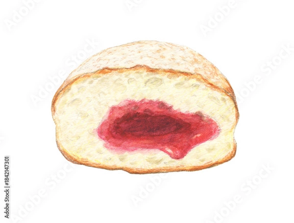 Fototapeta ラズベリージャム入りベルリーナ半分　水彩色鉛筆イラスト
