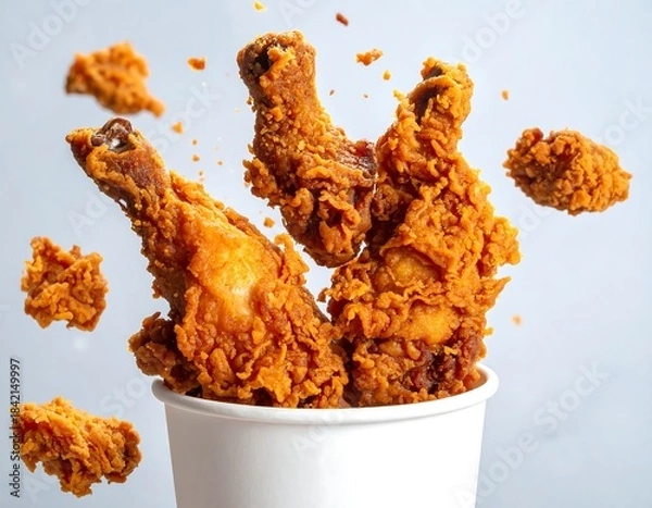 Obraz Crispy fried chicken pieces seemingly levitating from a white bucket