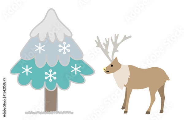 Fototapeta 雪が積もった木とトナカイのイラスト