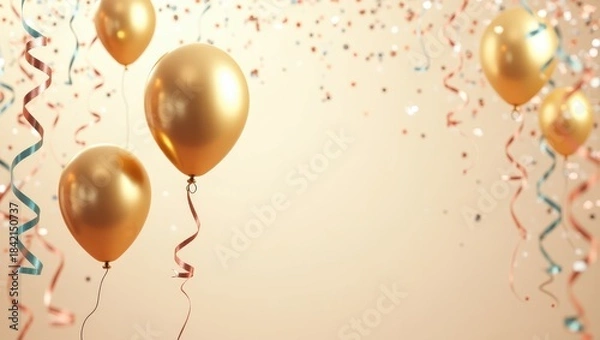 Obraz Shiny gold balloons with ribbon curls and floating confetti ideal for festive backgrounds celebration marketing and glamorous event visuals