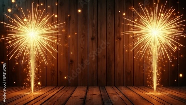 Obraz Festive twin sparkler display with glowing particles on wooden surface suited for celebration posters event branding and joyful seasonal art
