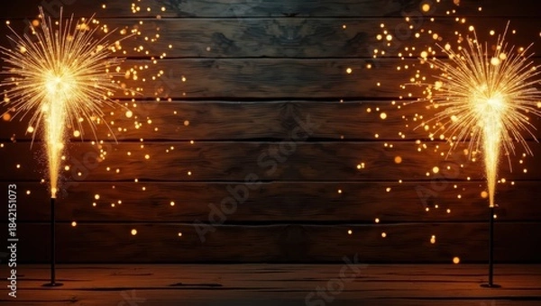 Obraz Glowing twin sparklers on wooden surface creating warm festive light perfect for celebration graphics New Year themes and party decoration visuals