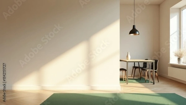 Obraz Modern minimalist space with furniture and sunlight patterns on wall suited for real estate listings architecture portfolios and lifestyle branding