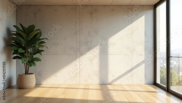 Obraz Minimalist home interior with sunlight pattern on wall representing calm lifestyle modern living and fresh interior design concepts