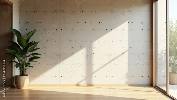 Obraz Bright empty room with wooden floor potted plant and large window light perfect for interior design concepts real estate marketing and minimalist art