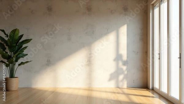 Obraz Minimal interior space with soft sun rays and green plant ideal for design mockups property showcasing and contemporary living themes
