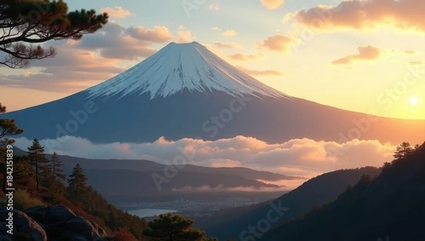 Obraz Sunrise landscape of Mount Fuji with glowing sky and calm lake water perfect for tourism visuals nature wallpapers and peaceful environment concepts
