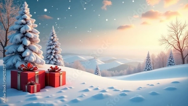 Obraz Sunlit snowy scenery with pine trees and bright red gifts ideal for festive backgrounds Christmas celebration content and seasonal advertisement