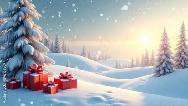 Obraz Snowy Christmas scene with bright sunlight over hills and decorative present boxes designed for winter celebration branding and joyful holiday themes
