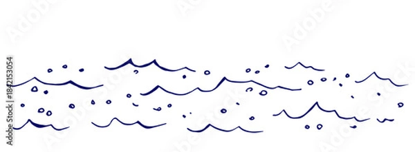 Obraz Water surface, ripples, waves and bubbles, sea and ocean. Nature and seascape. A hand-drawn vector contour drawing. Sketch in blue ink.