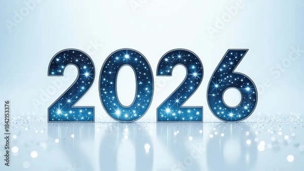 Obraz Sparkle-filled 2026 glowing number artwork set against a clean light background suited for holiday campaigns year transition themes and event graphics