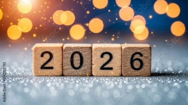 Fototapeta Celebrate the New Year 2026 with Festive Wooden Blocks, Glitter Background, Warm Bokeh Lights, Symbolic Decor, and Optimistic Celebration Vibes