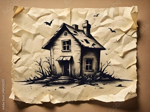 Obraz halloween house with ghost on old paper