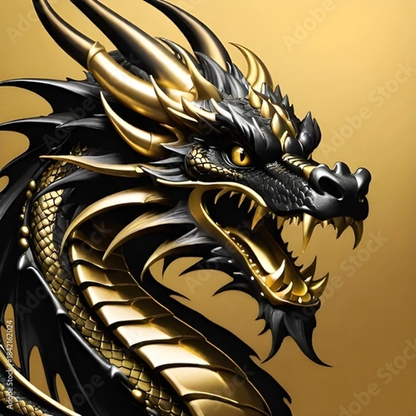 Obraz golden metal dragon head. illustration.
