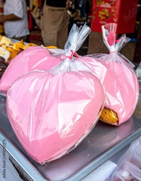 Obraz Heart-shaped confections, wrapped, on metal surface