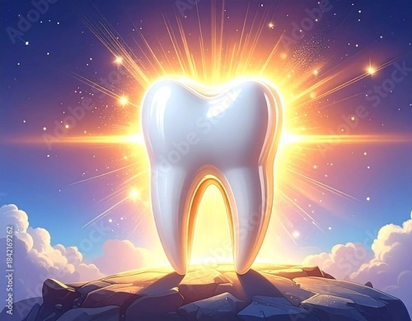 Obraz Illuminated healthy molar on a rocky peak with a celestial background