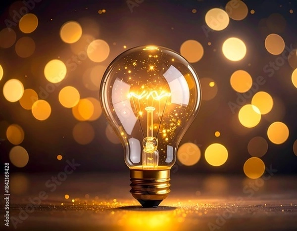 Obraz Illuminated lightbulb, glowing with golden sparks and bokeh background